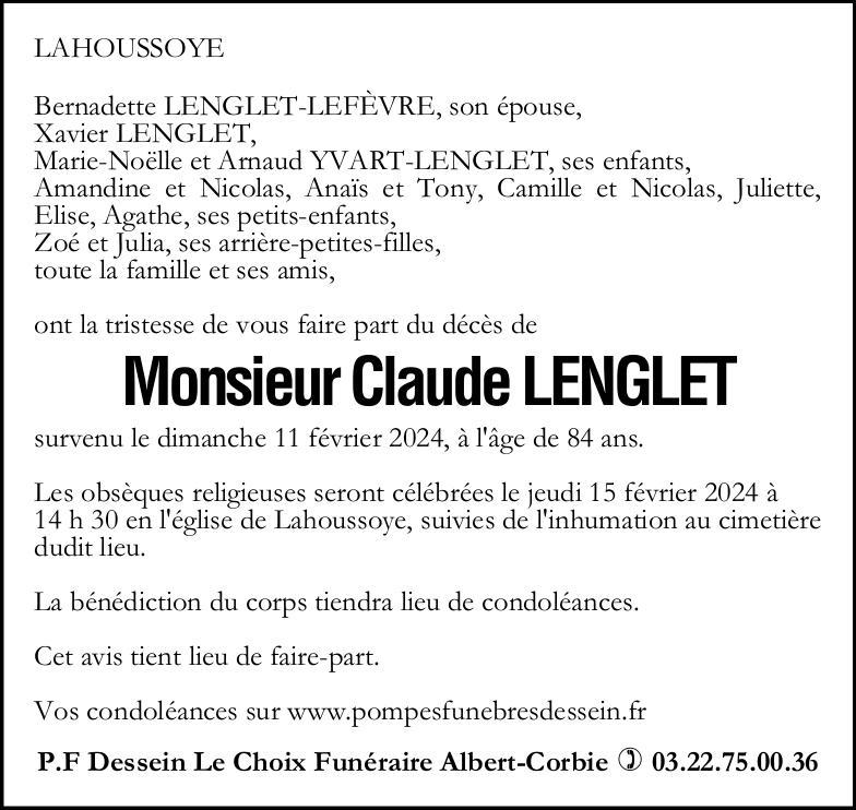 Avis de décès de Monsieur Claude LENGLET