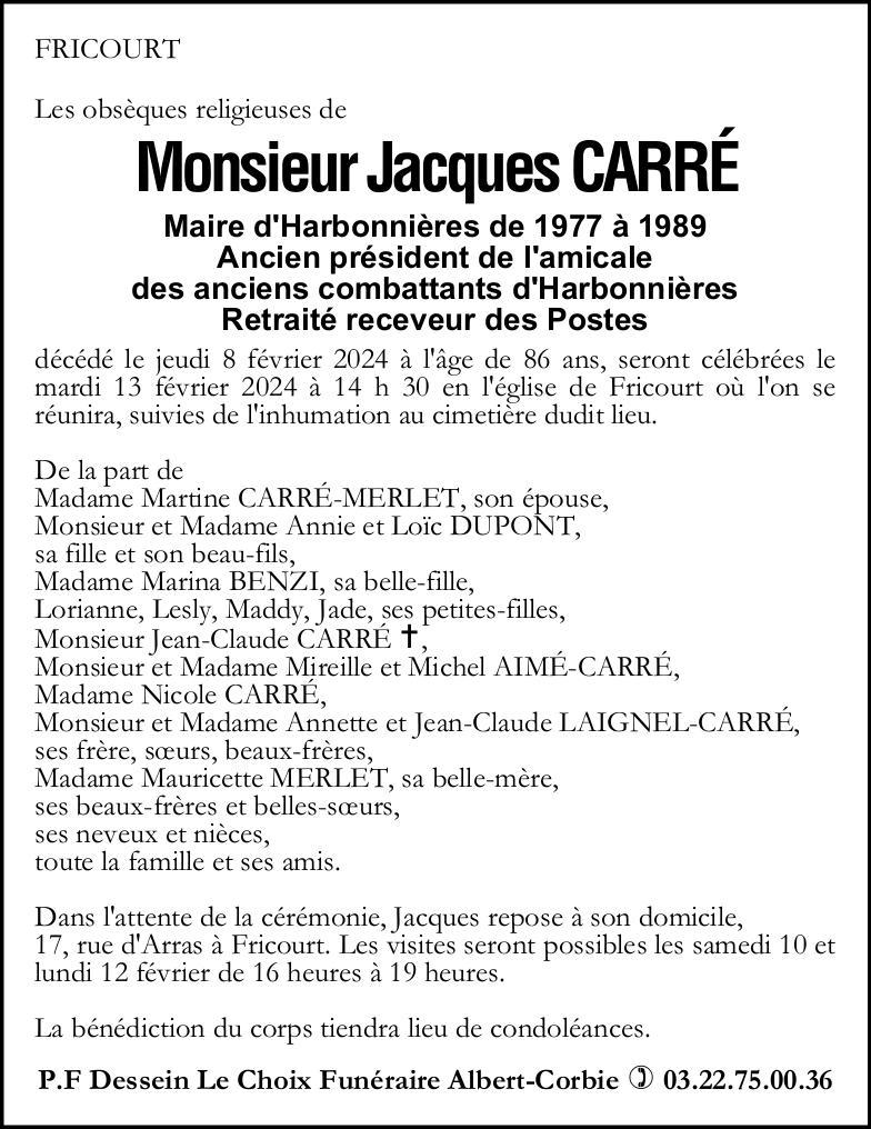 Avis de décès de Monsieur Jacques CARRÉ