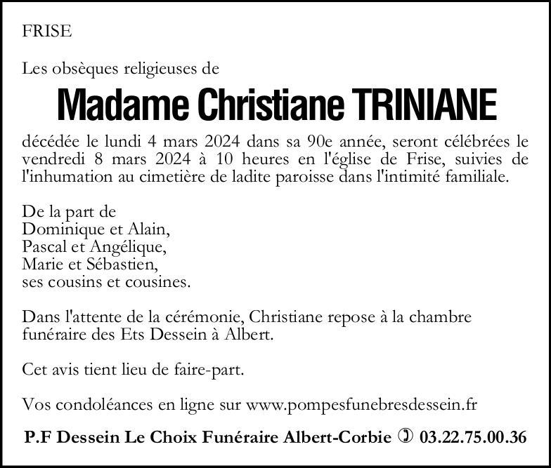 Avis de décès Christiane TRINIANE