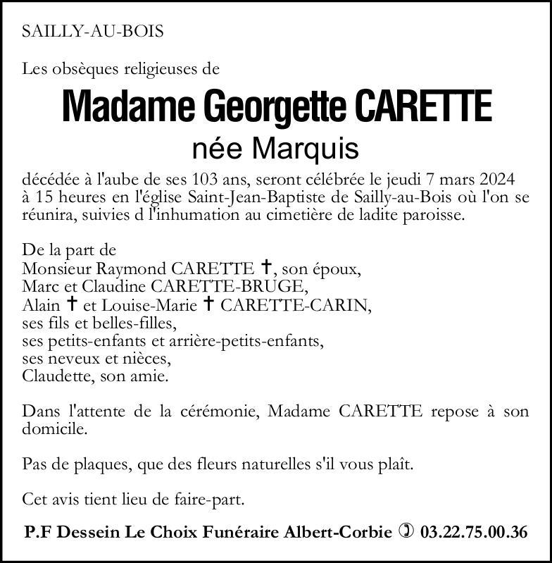 Avis de décès Georgette CARETTE