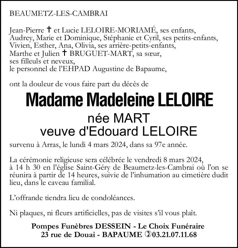 Avis de décès - Madame Madeleine LELOIRE née MART(1)