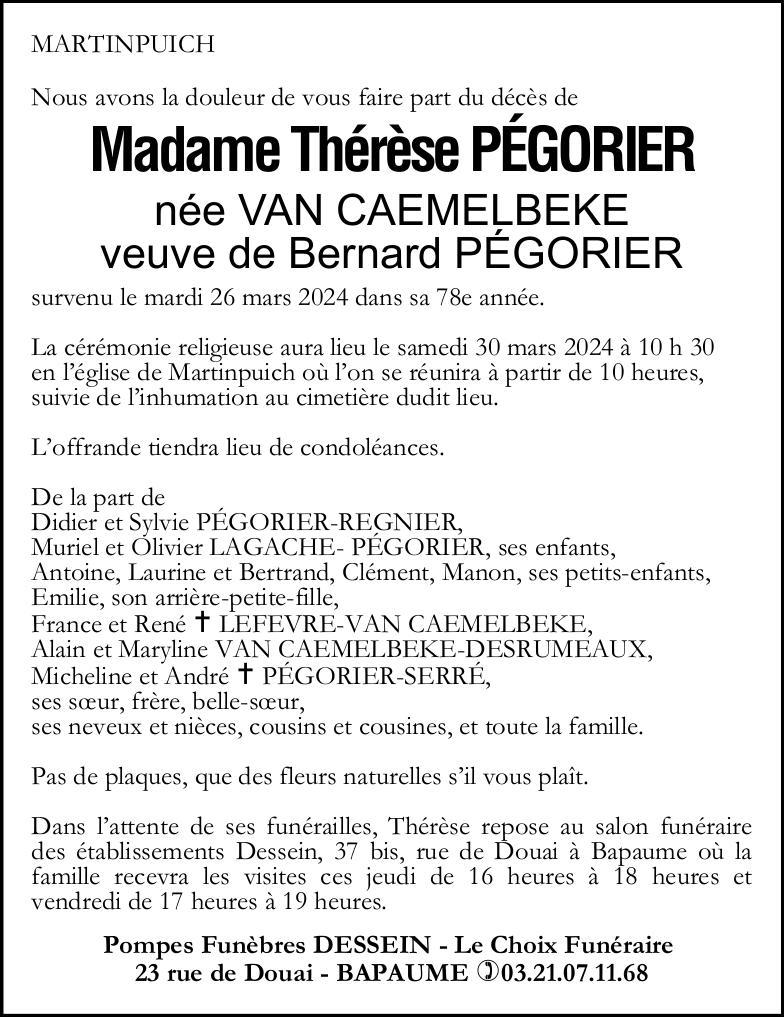 Avis de décès - Madame Marie-Thérèse PEGORIER née VAN CAEMELBEKE