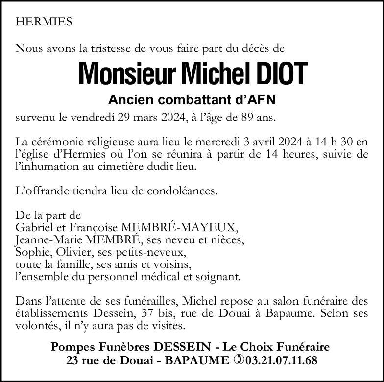 Avis de décès - Monsieur Michel DIOT