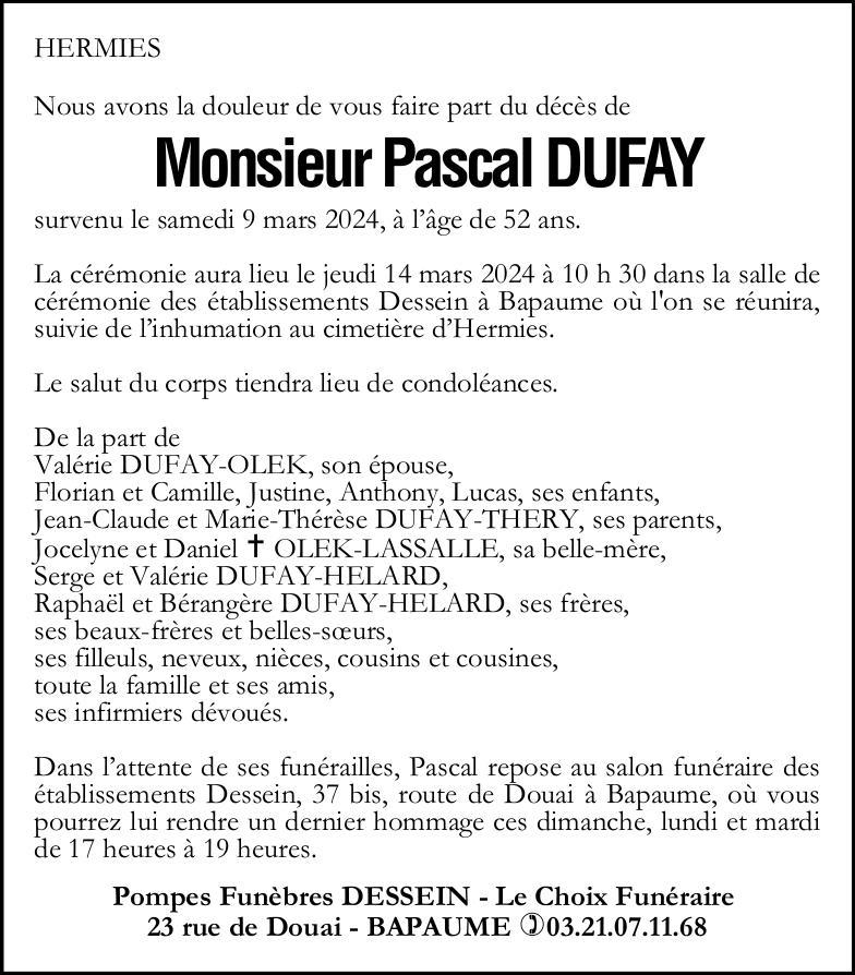 Avis de décès - Monsieur Pascal DUFAY