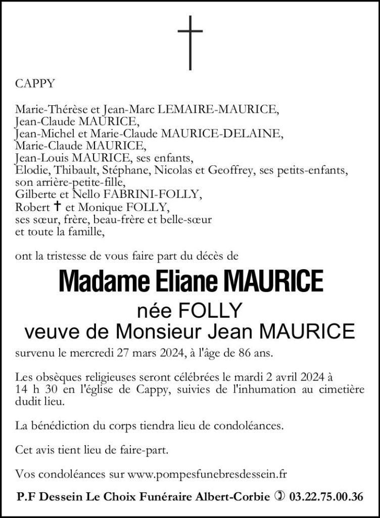 Avis de décès de Madame Eliane MAURICE née FOLLY