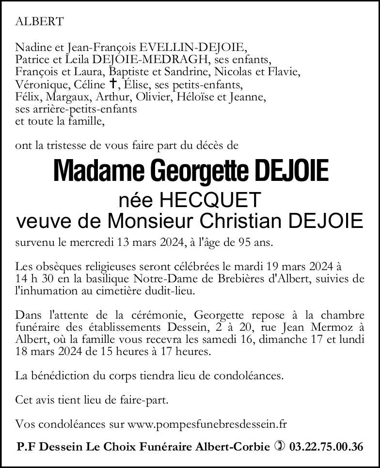 Avis de décès de Madame Georgette DEJOIE née HECQUET