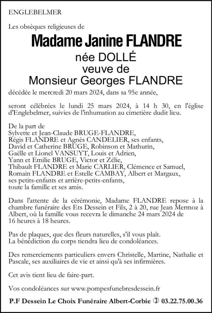 Avis de décès de Madame Janine FLANDRE née DOLLÉ