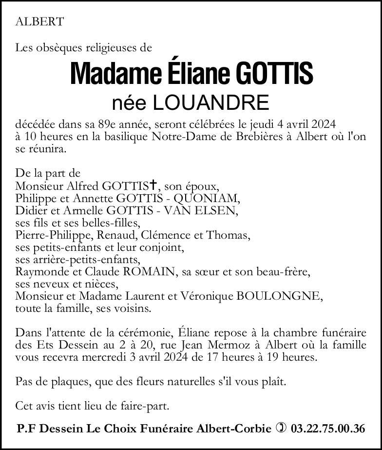 Avis de décès Eliane GOTTIS