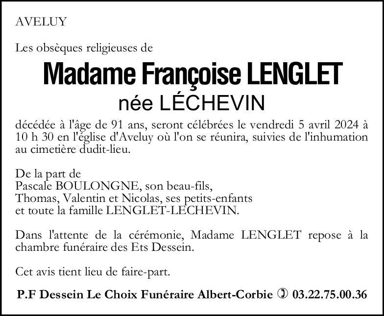 Avis de décès Françoise LENGLET