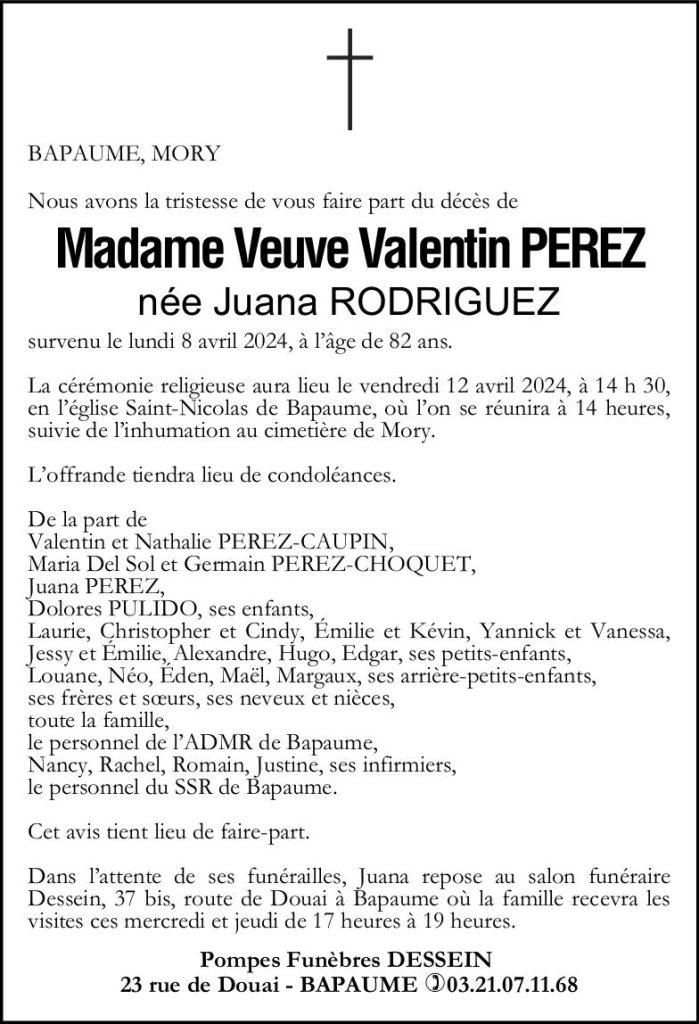 Avis de décès - Madame Juana PEREZ née RODRIGUEZ