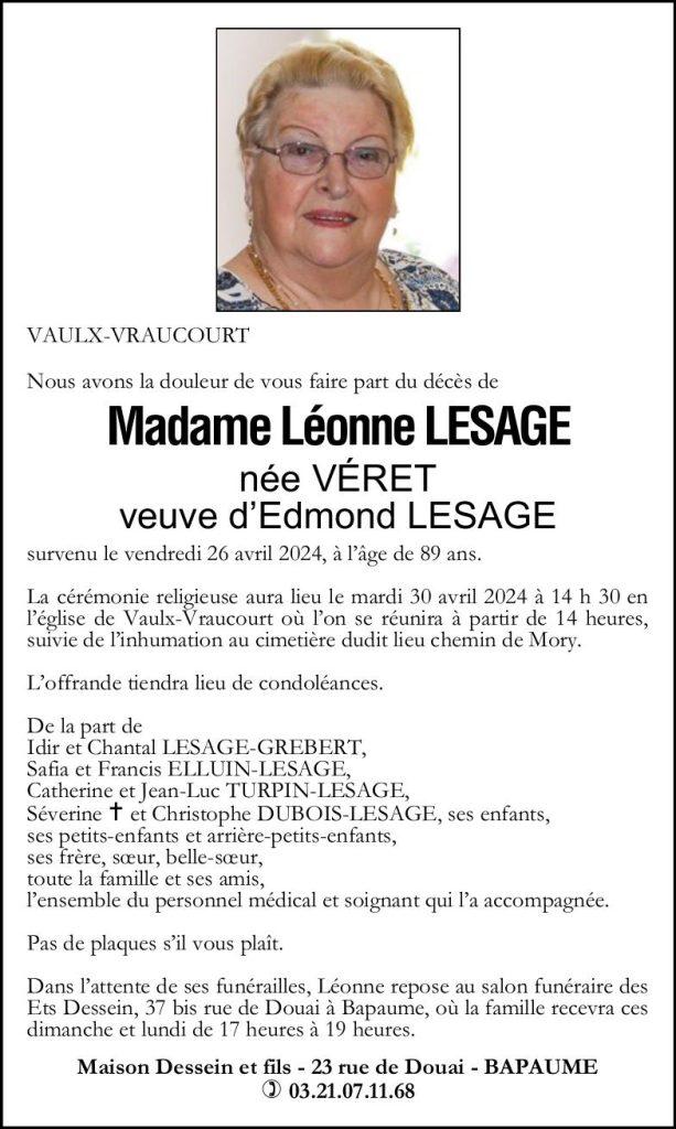 Avis de décès - Madame Léonne LESAGE née VERET
