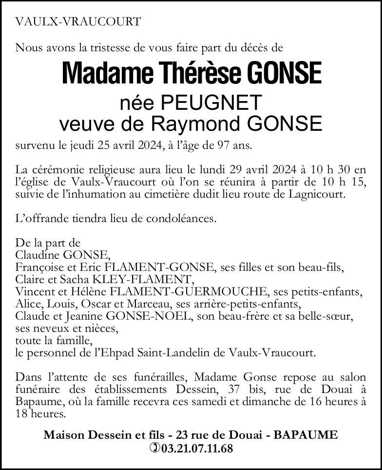 Avis de décès - Madame Thérèse GONSE née PEUGNET