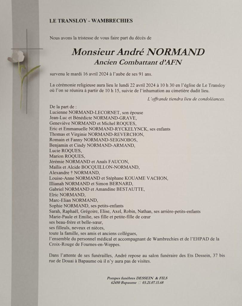 Avis de décès - Monsieur André NORMAND