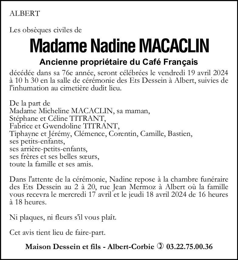 Avis de décès Nadine MACACLIN