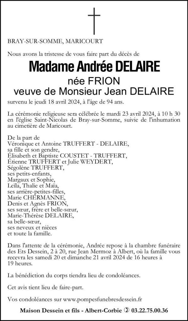 Avis de décès de Madame Andrée DELAIRE née FRION