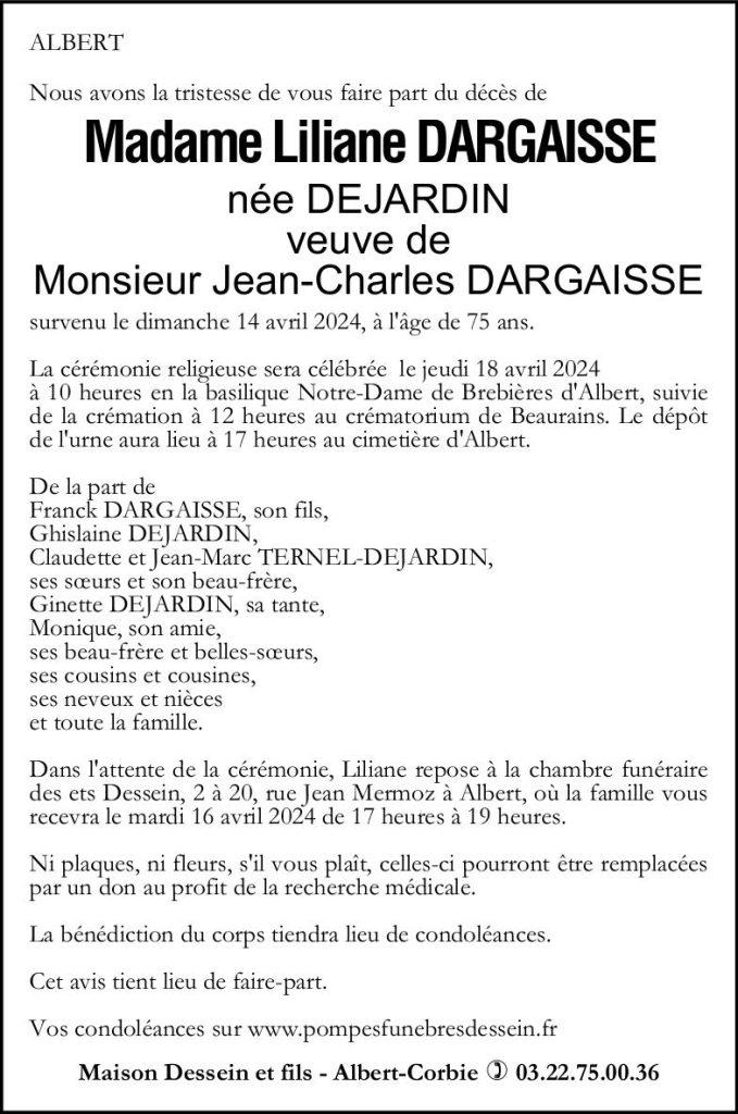 Avis de décès de Madame Liliane DARGAISSE née DEJARDIN