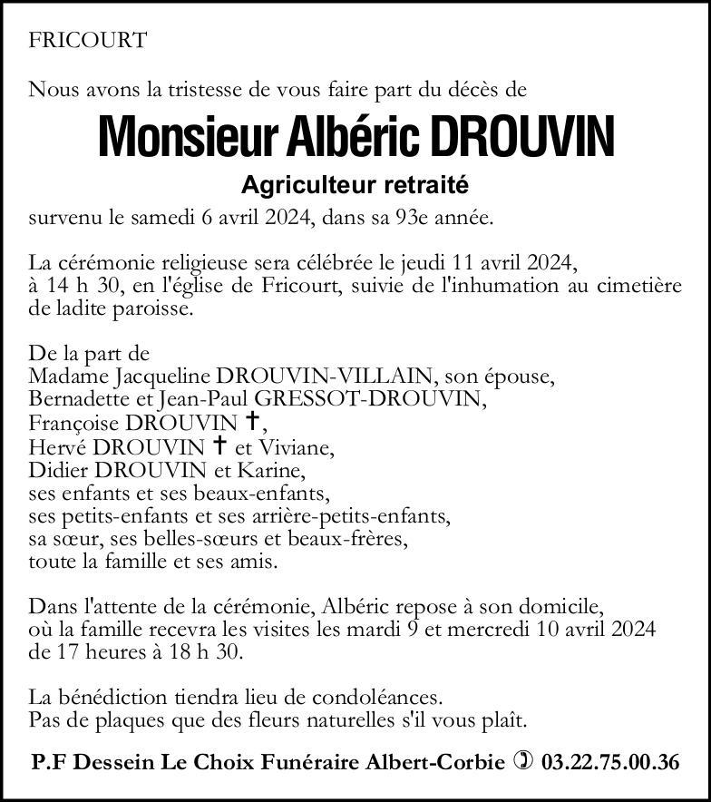 Avis de décès de Monsieur Albéric DROUVIN