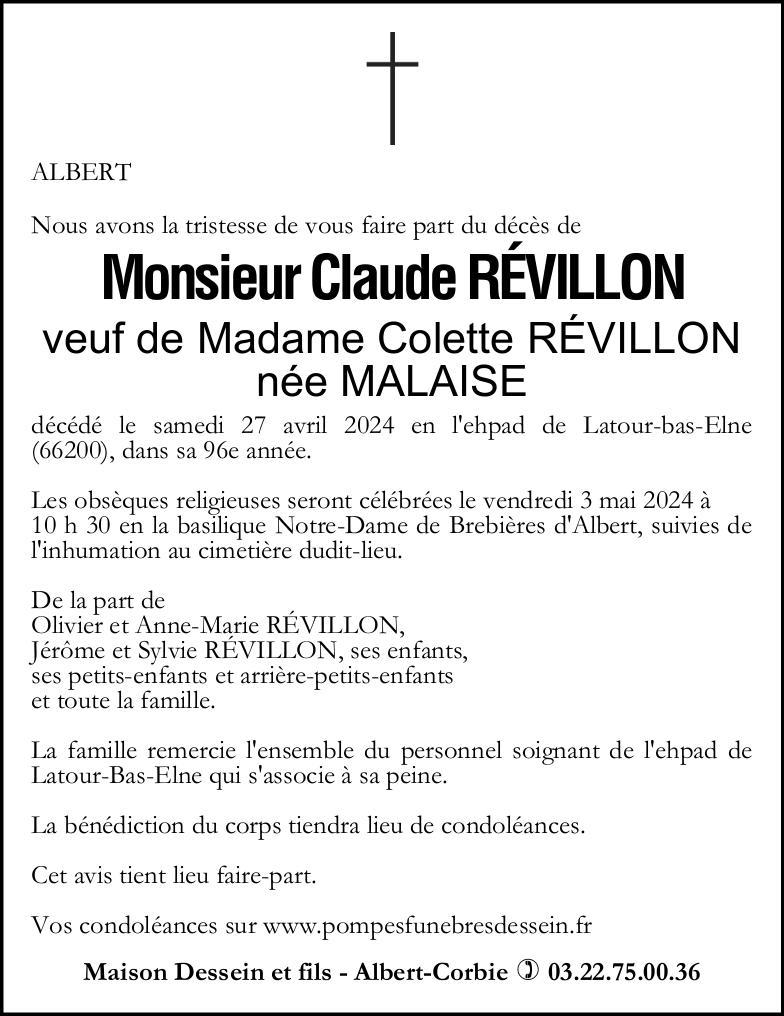 Avis de décès de Monsieur Claude RÉVILLON