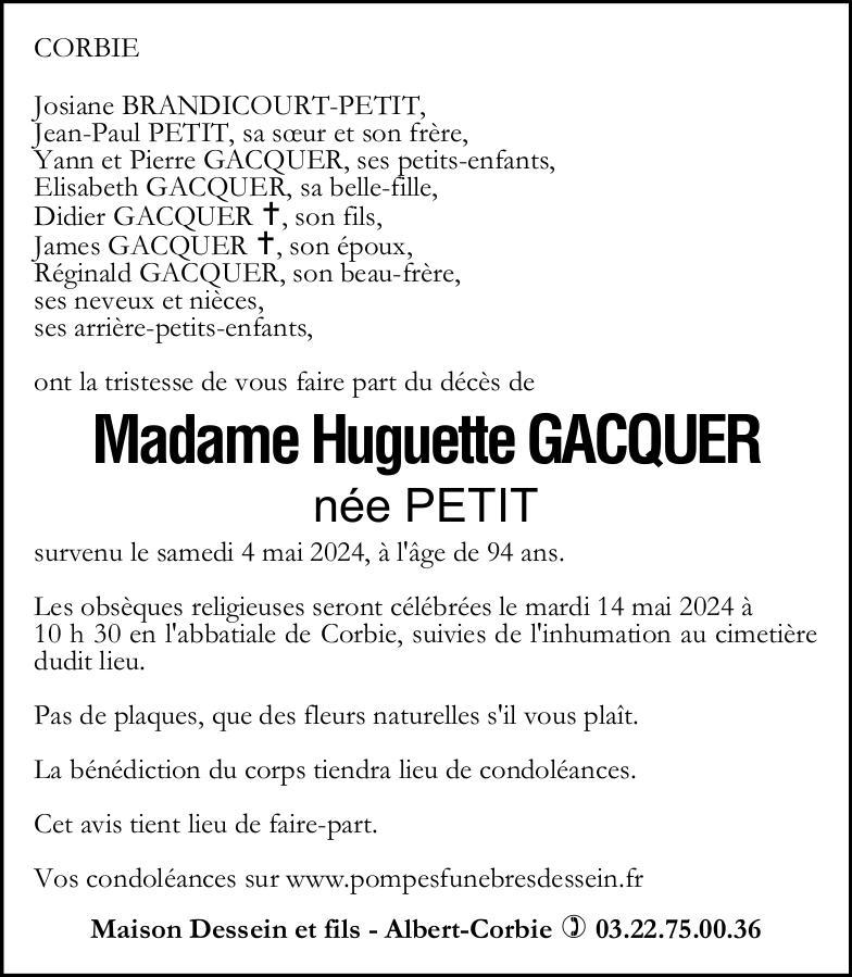 Avis de décès de Madame Huguette GACQUER née PETIT