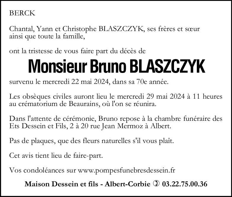 Avis de décès de Monsieur Bruno BLASZCZYK