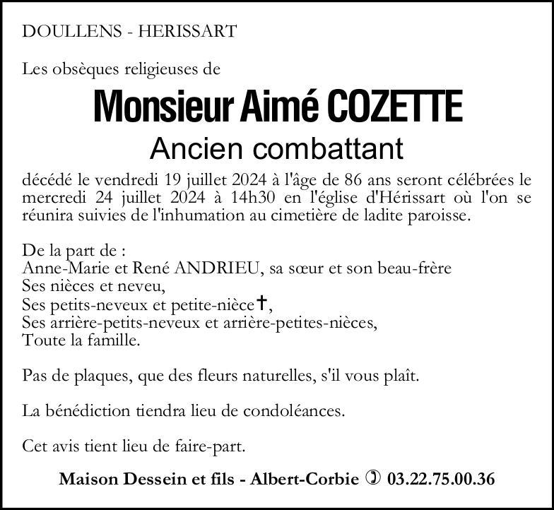Avis de décès de Monsieur Aimé COZETTE