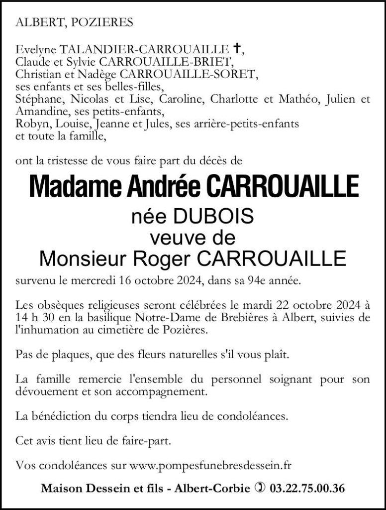 Avis de décès Andrée CARROUAILLE