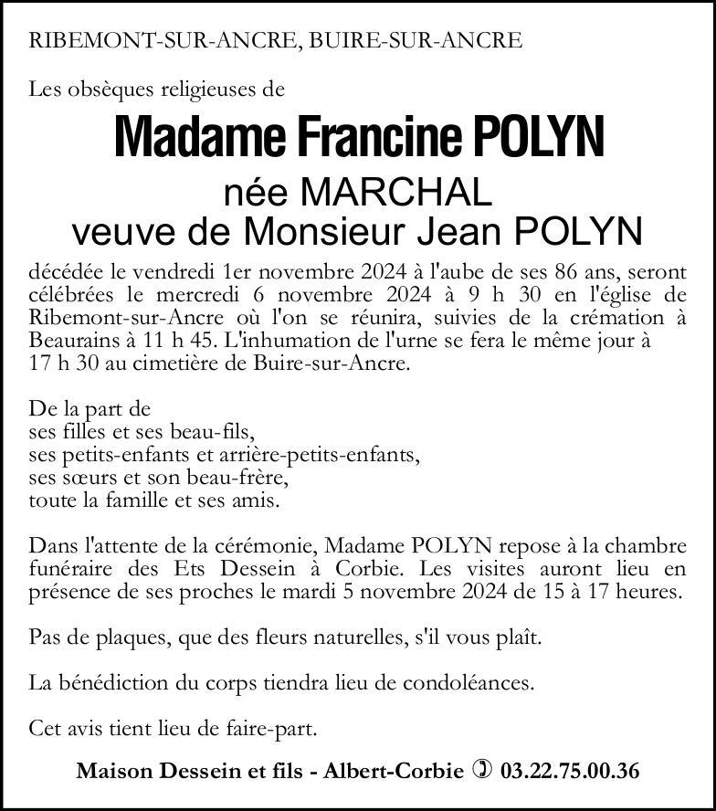 Avis de décès Francine POLYN
