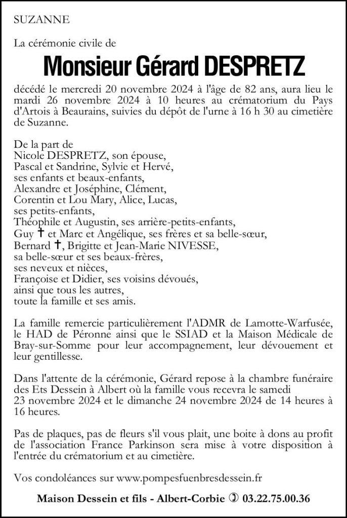 Avis de décès de M. Gérard DESPRETZ