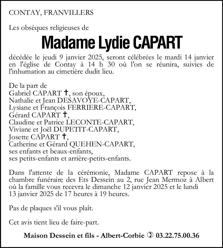Avis de décès Lydie CAPART