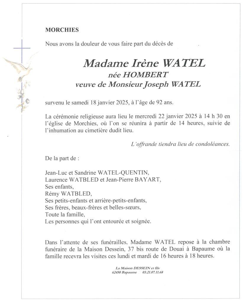 Avis de décès - Madame Irène WATEL née HOMBERT