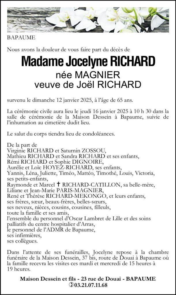 Avis de décès - Madame Jocelyne RICHARD née MAGNIER