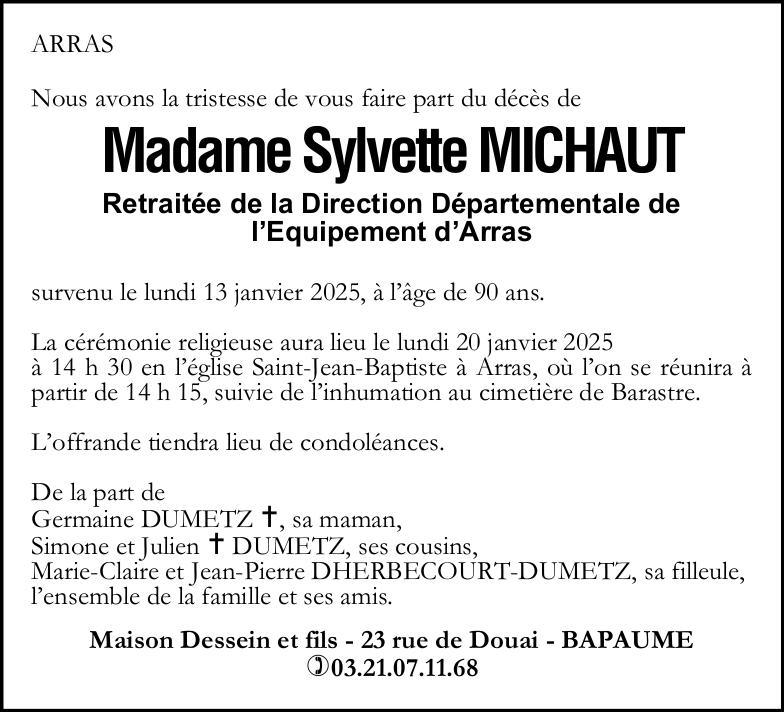 Avis de décès - Madame Sylvette MICHAUT