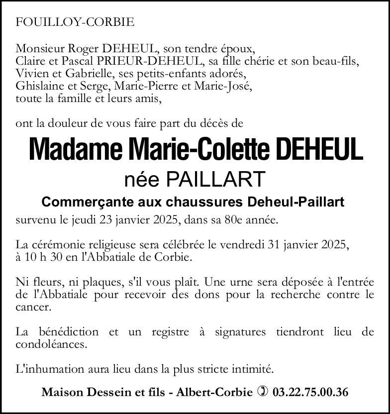 Avis de décès Marie-Colette DEHEUL