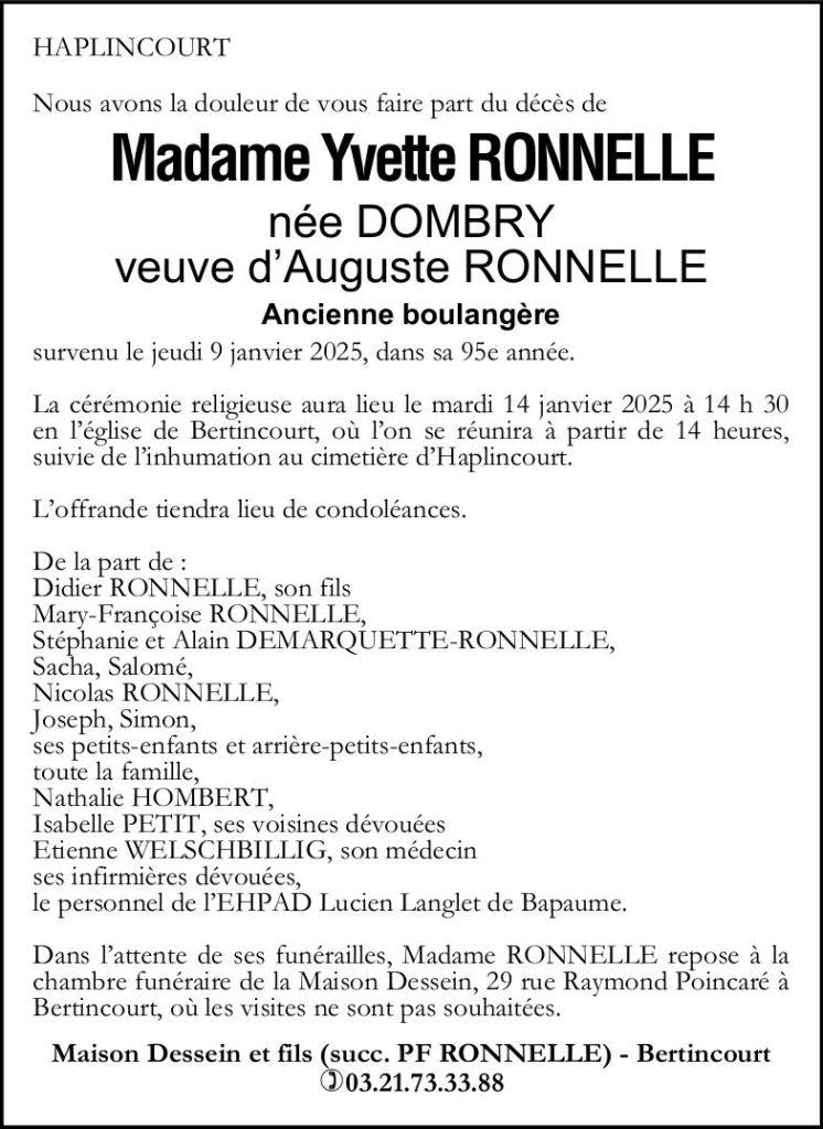 Avis de décès - Mme Yvette RONNELLE née DOMBRY