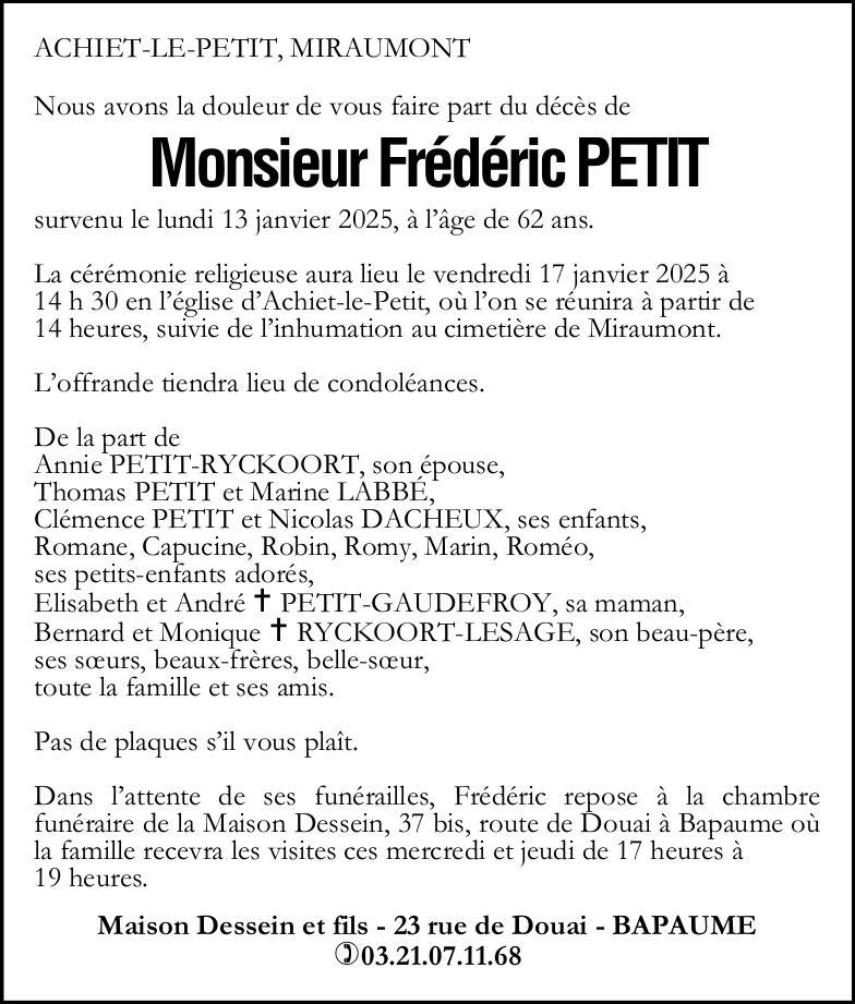 Avis de décès - Monsieur Frédéric PETIT