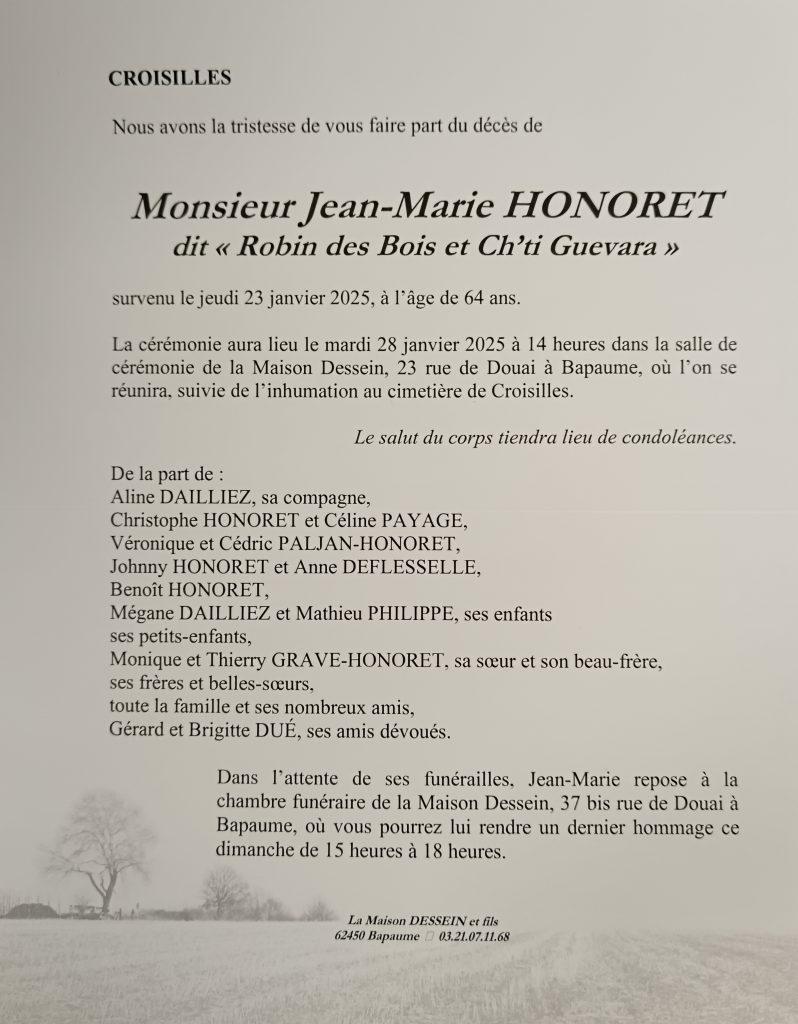 Avis de décès - Monsieur Jean-Marie HONORET