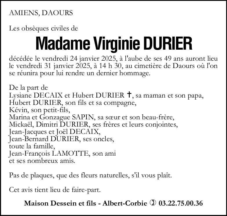 Avis de décès Virginie DURIER