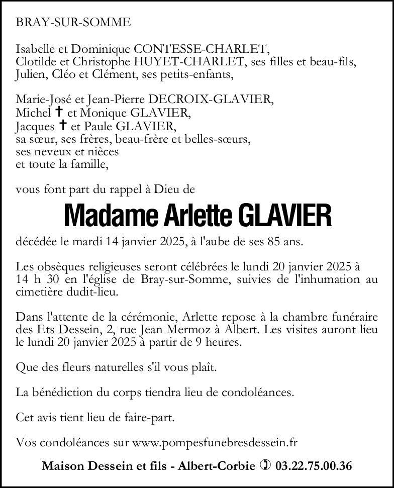 Avis de décès de Madame Arlette GLAVIER