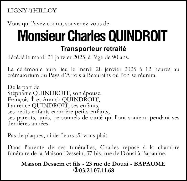 Avis de décès de Monsieur Charles QUINDROIT