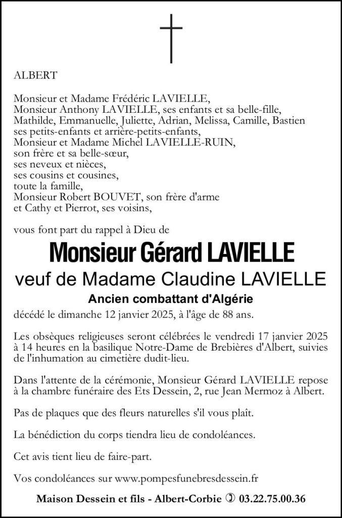 Avis de décès de Monsieur Gérard LAVIELLE