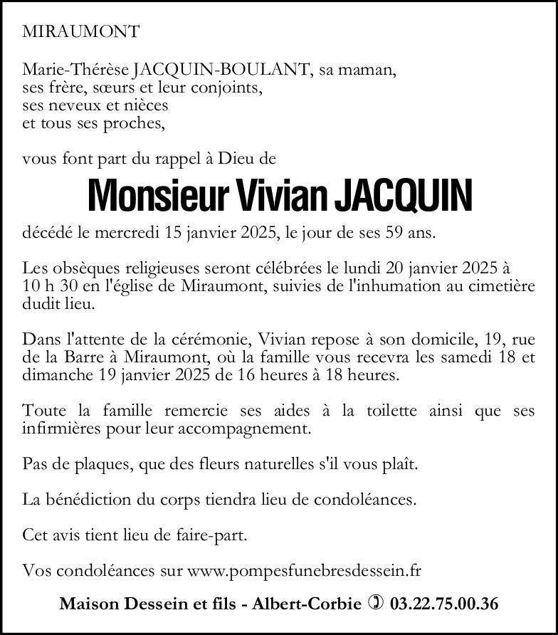 Avis de décès de Monsieur Vivian JACQUIN