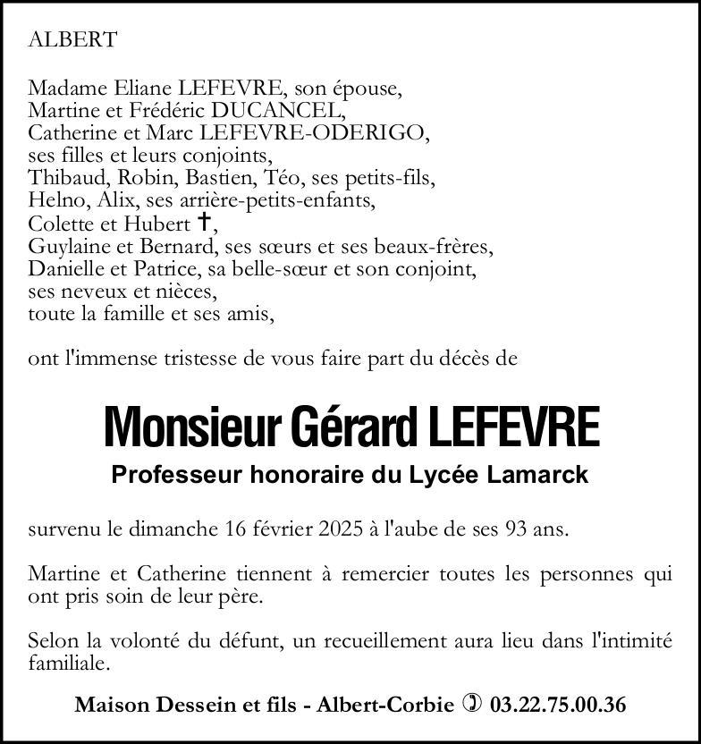 Avis de décès Gérard LEFEVRE