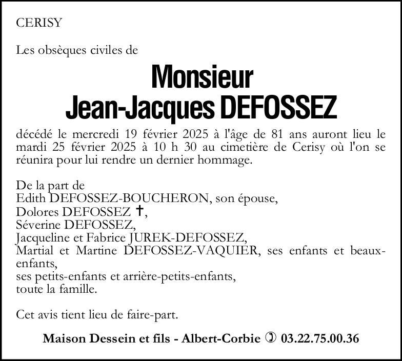 Avis de décès Jean-Jacques DEFOSSEZ