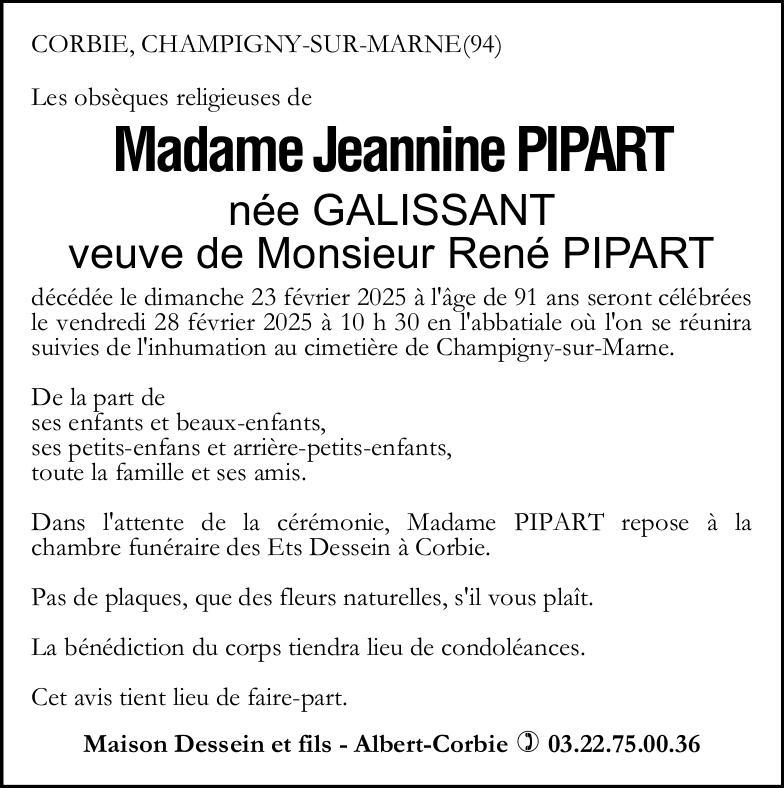 Avis de décès Jeannine PIPART