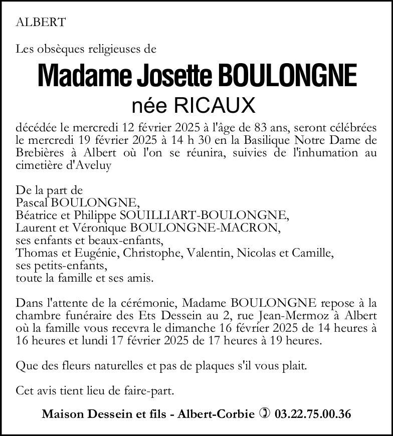 Avis de décès Josette BOULONGNE
