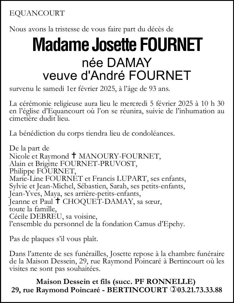Avis de décès - Madame Josette FOURNET née DAMAY
