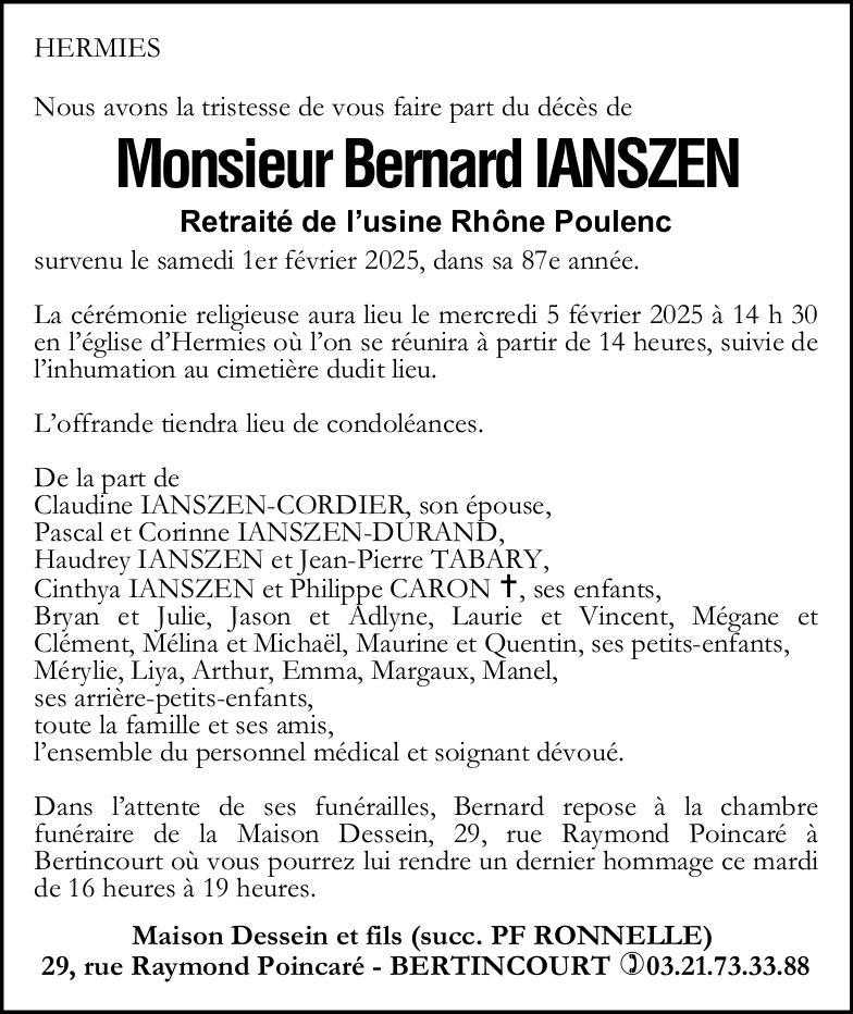 Avis de décès - Monsieur Bernard IANSZEN