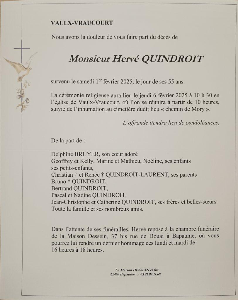 Avis de décès - Monsieur Hervé QUINDROIT
