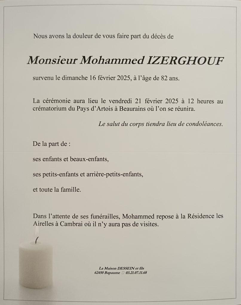 Avis de décès - Monsieur Mohammed IZERGHOUF