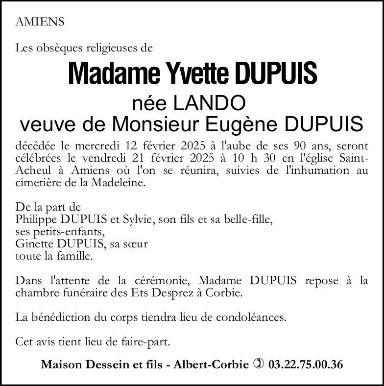 Avis de décès Yvette DUPUIS